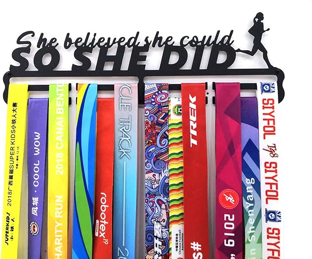 Qktxktzy Medal Hangers for Runners, Female Running Medal Awards Holder, Sporting Medal Rack Display, Best Gifts for Girls Women Honors, She Believed She Could,So She Did,Black