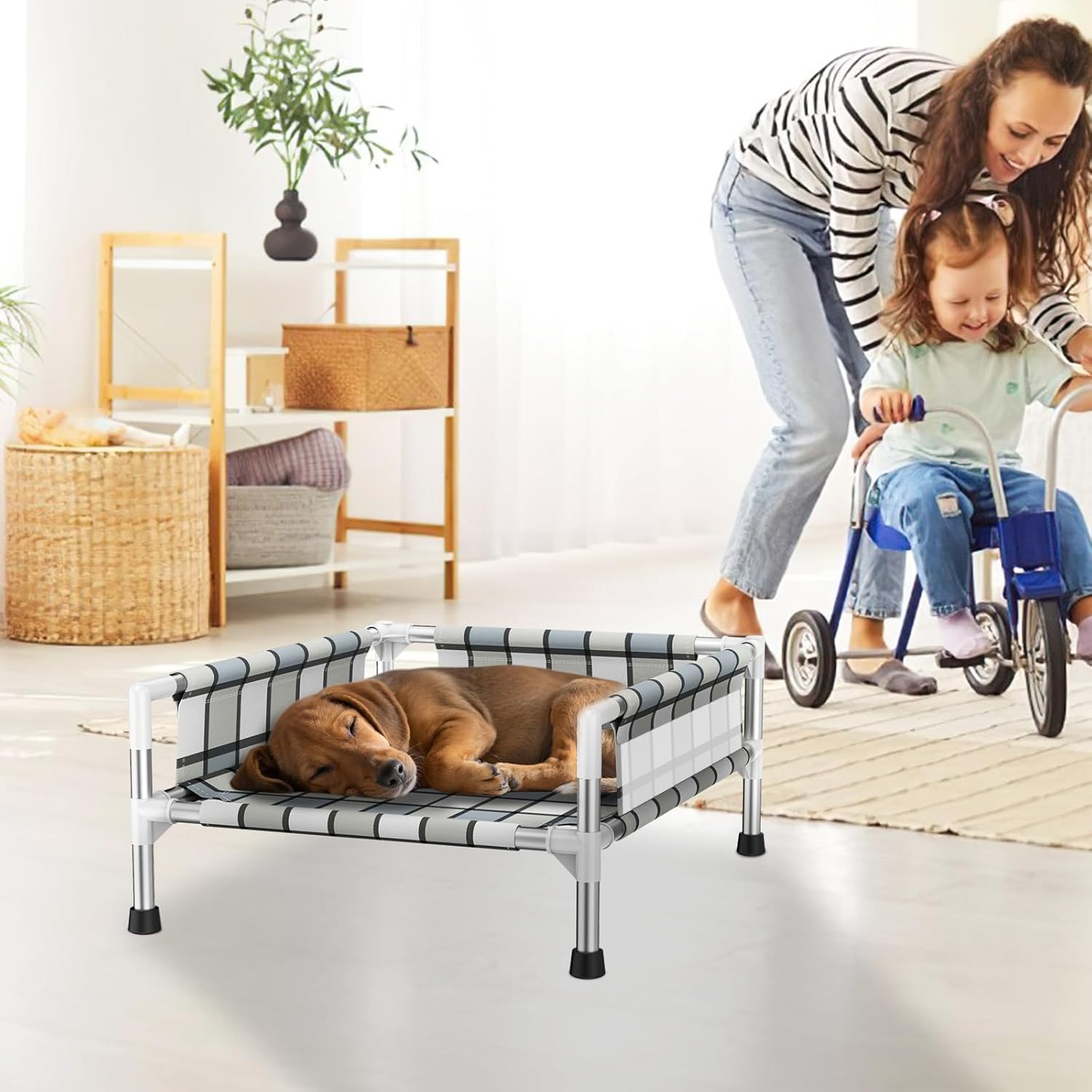 Elevated Raised Outdoor Dog Bed - Cooling Washable Dog Cot with Guardrail, Durable & Breathable Cotton Mesh Pet Hammock Beds with Stainless Steel Pipe Frame for Small Pets (20'' x 20'' x 12'')