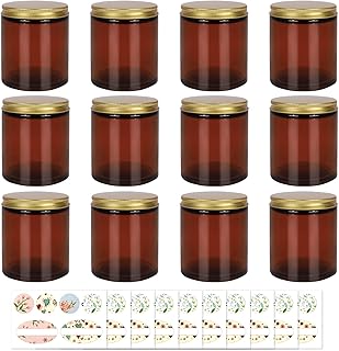12 Pack 8oz Amber Round Glass Jars - Empty Cosmetic Containers, Glass Sample Jars with labels For Slime, Beauty Products, Cosmetic, Lotion，Powders and Ointments (Gold)