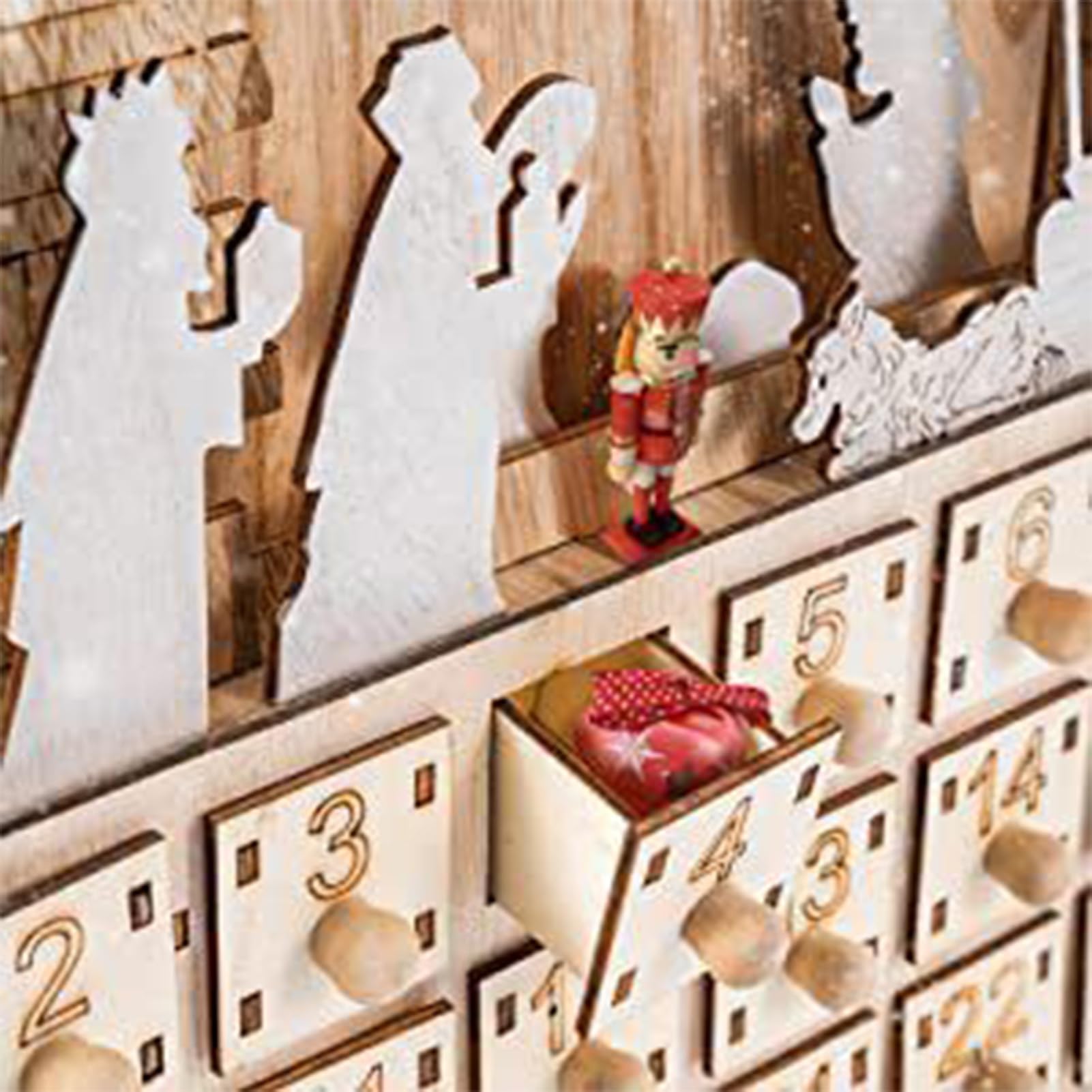 Haus Weihnachtskrippe, Advent, Weihnachtsdekoration, handgefertigt, aus christlichem Holz | Countdown LED-beleuchtete Schublade für den Innenbereich, für Feiertage für Kinder, Erwachsene, Weihnachtsdekoration, Krippe