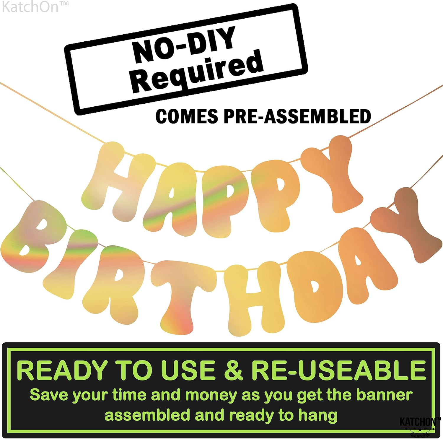 KatchOn, Iridescent Gold Happy Birthday Banner - Prestrung, 10 Feet | Shiny Happy Birthday Banner Gold for Gold Happy Birthday Decorations | Iridescent Party Decorations