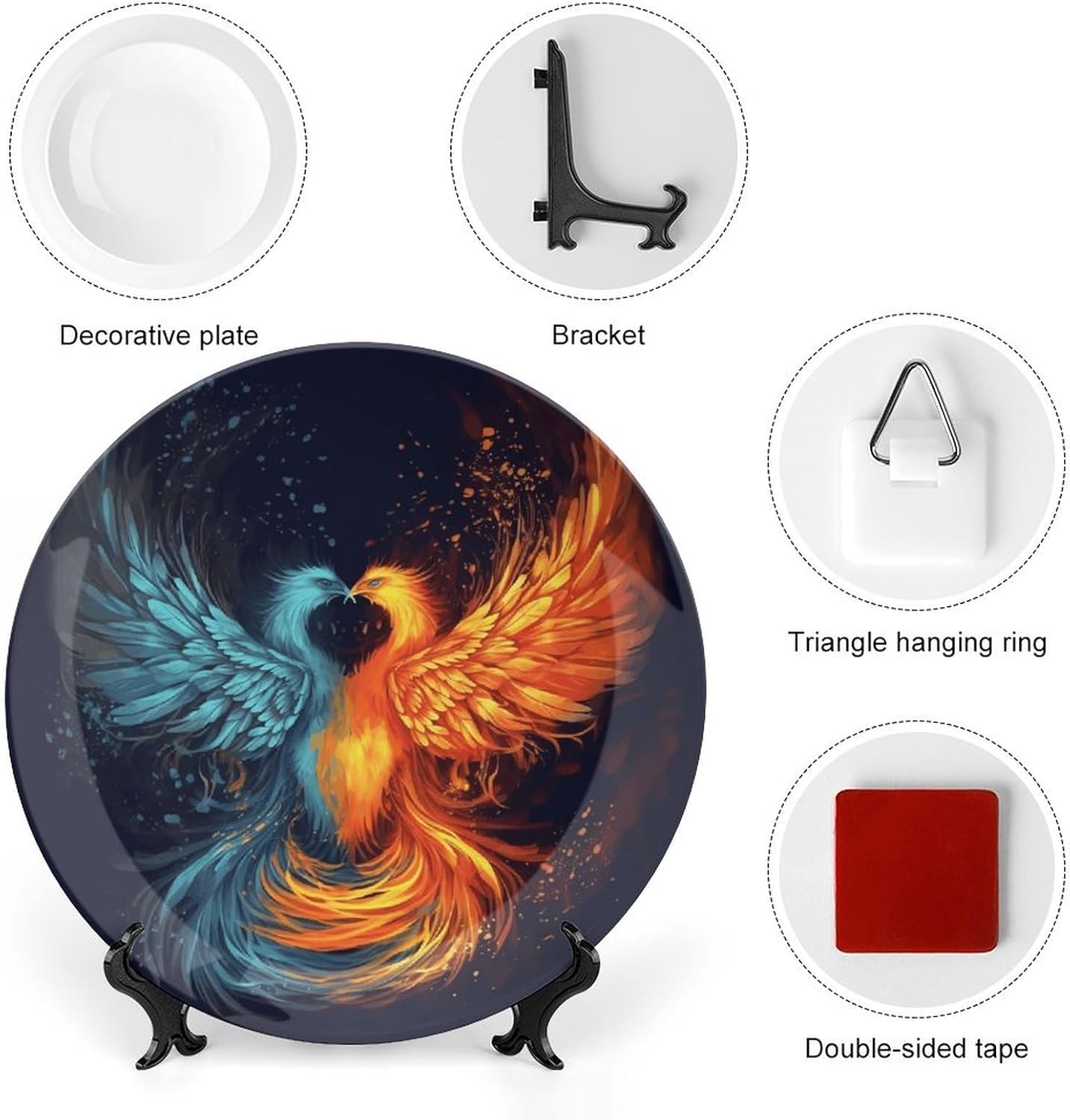 Fire And Water Phoenix Bone China Decorative Plate with Display Stand, Ceramic Ornaments Plate for Wall Hanging, Personalized Porcelain Plates for Office, Living Room 10inch