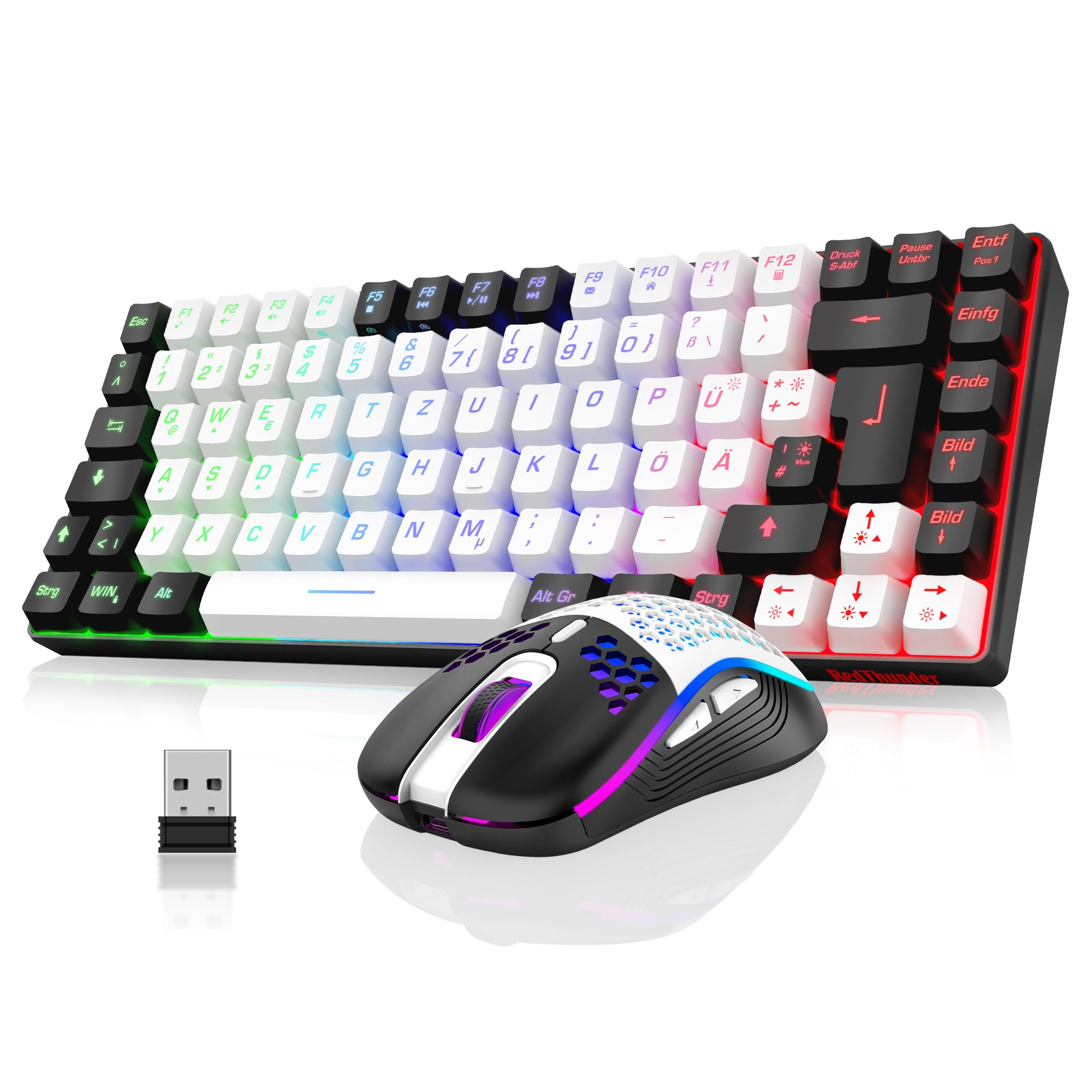 RedThunder 75% Kabelloses Gaming Tastatur und Maus Set, DE TKL Layout, 85 Tasten, Wiederaufladbar Kompakt, Ultraleicht 7200DPI-Maus mit Honeycomb Konstruktion für PC Mac PS5 Xbox Gamer (Weiß-Schwarz)