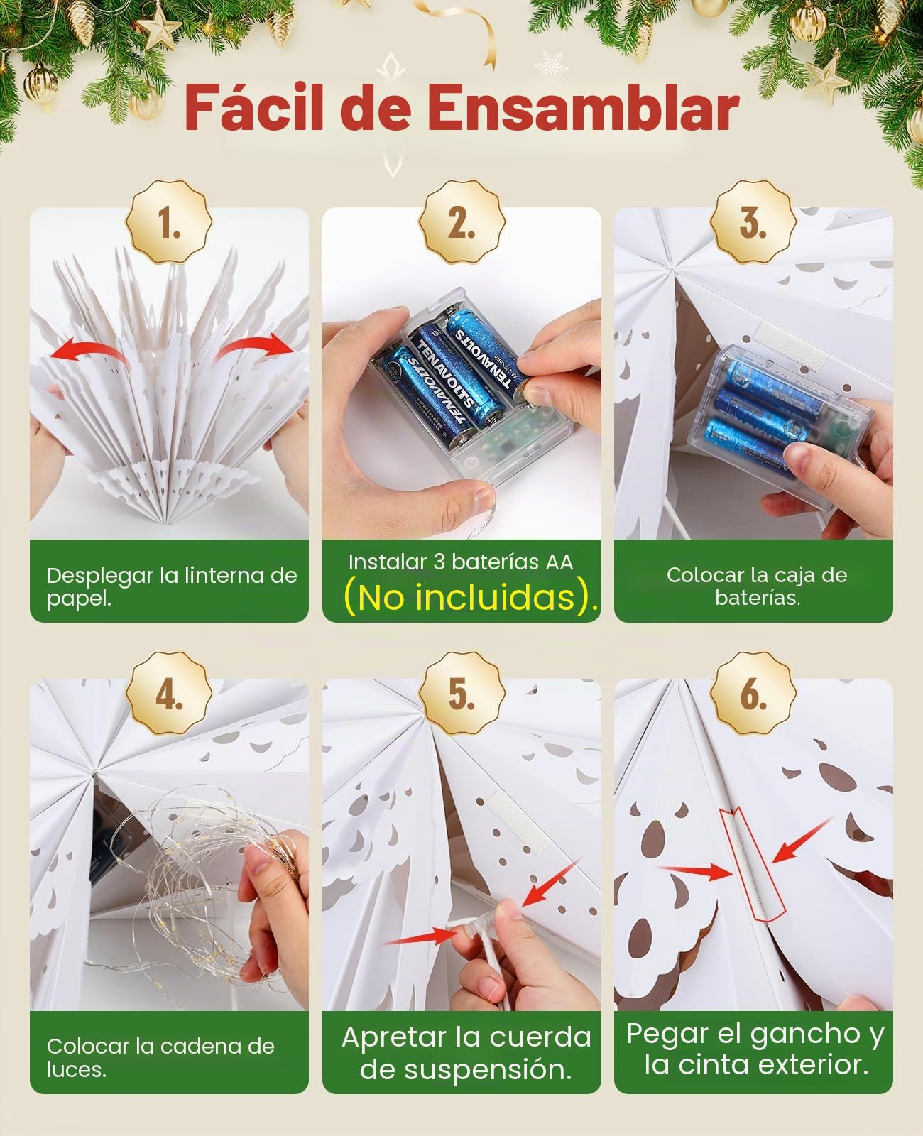 Luxspire Linterna Estrella de Papel de Navidad, 5 Pack Luces Colgantes de Copo de Nieve de Papel con Cuentas de Luz LED y Control Remoto, Linternas Decorativas Plegables para Fiestas Navideñas