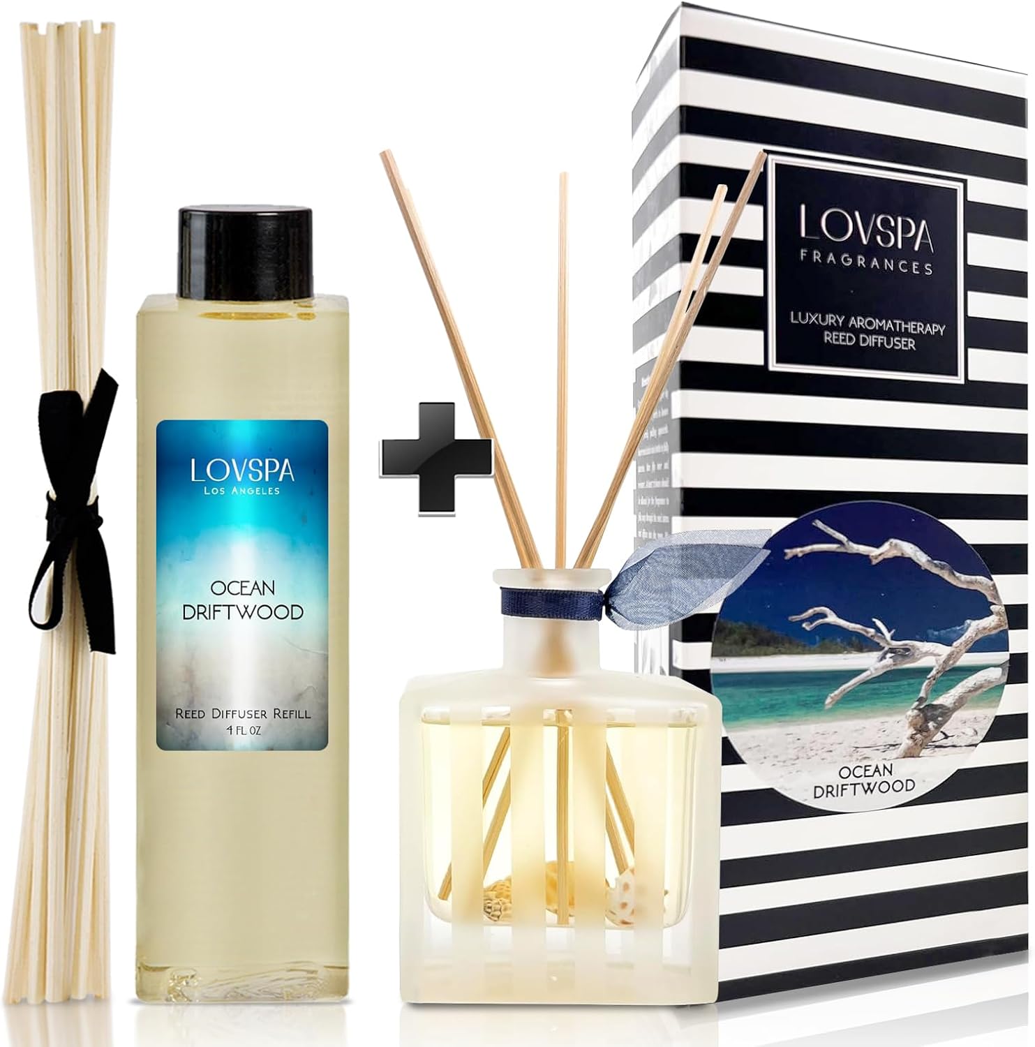 LOVSPA Ocean Driftwood Reed Diffuser Refill, 4 oz, Bundle with Ocean Driftwood Reed Diffuser Set - Made with Essential Oils in The USA