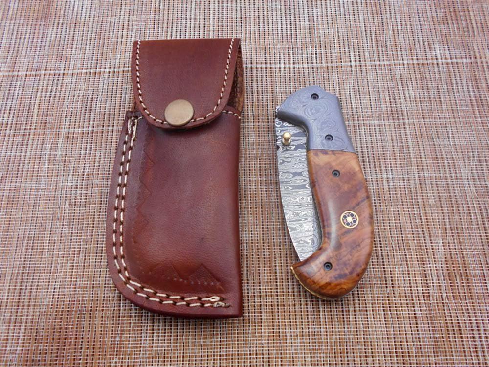 7.5" Folding Knife, Hand Forged Twist Pattern Damascus Steel Rose Wood Scale with Damascus Bolster Pocket Knife, Equipped with Brass Liner Lock & Thumb knob, Cow Hide Leather Sheath