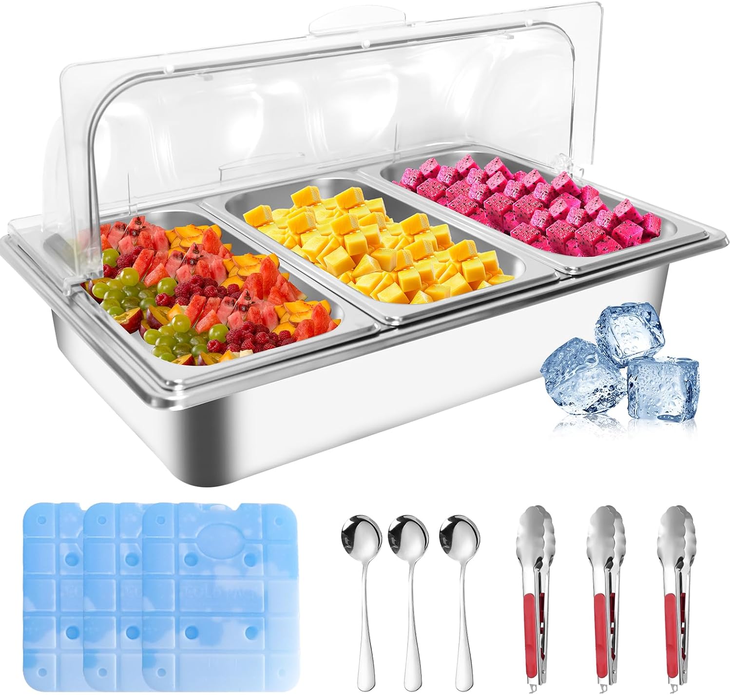 Countertop Ice Food Serving Display Tray with 3 Pan, Portable Salad Bar Buffet Station for Home, Cold Food Buffet Server, Pizza Topping Station, Cold Buffet Table Serving Station for Party