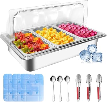 Countertop Ice Food Serving Display Tray with 3 Pan, Portable Salad Bar Buffet Station for Home, Cold Food Buffet Server, Pizza Topping Station, Cold Buffet Table Serving Station for Party