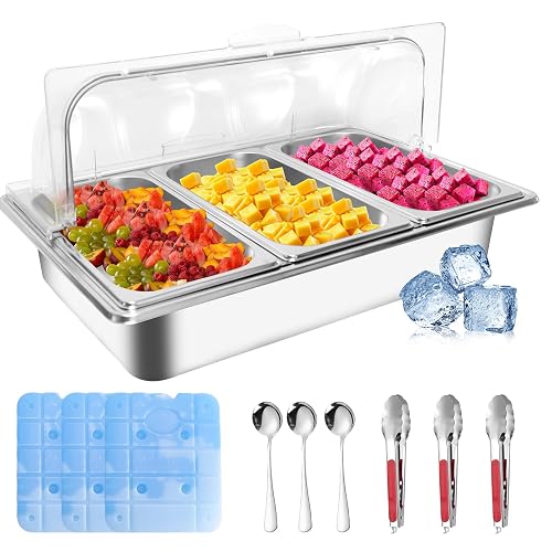 Countertop Ice Food Serving Display Tray with 3 Pan, Portable Salad Bar Buffet Station for Home, Cold Food Buffet Server, Pizza Topping Station, Cold Buffet Table Serving Station for Party