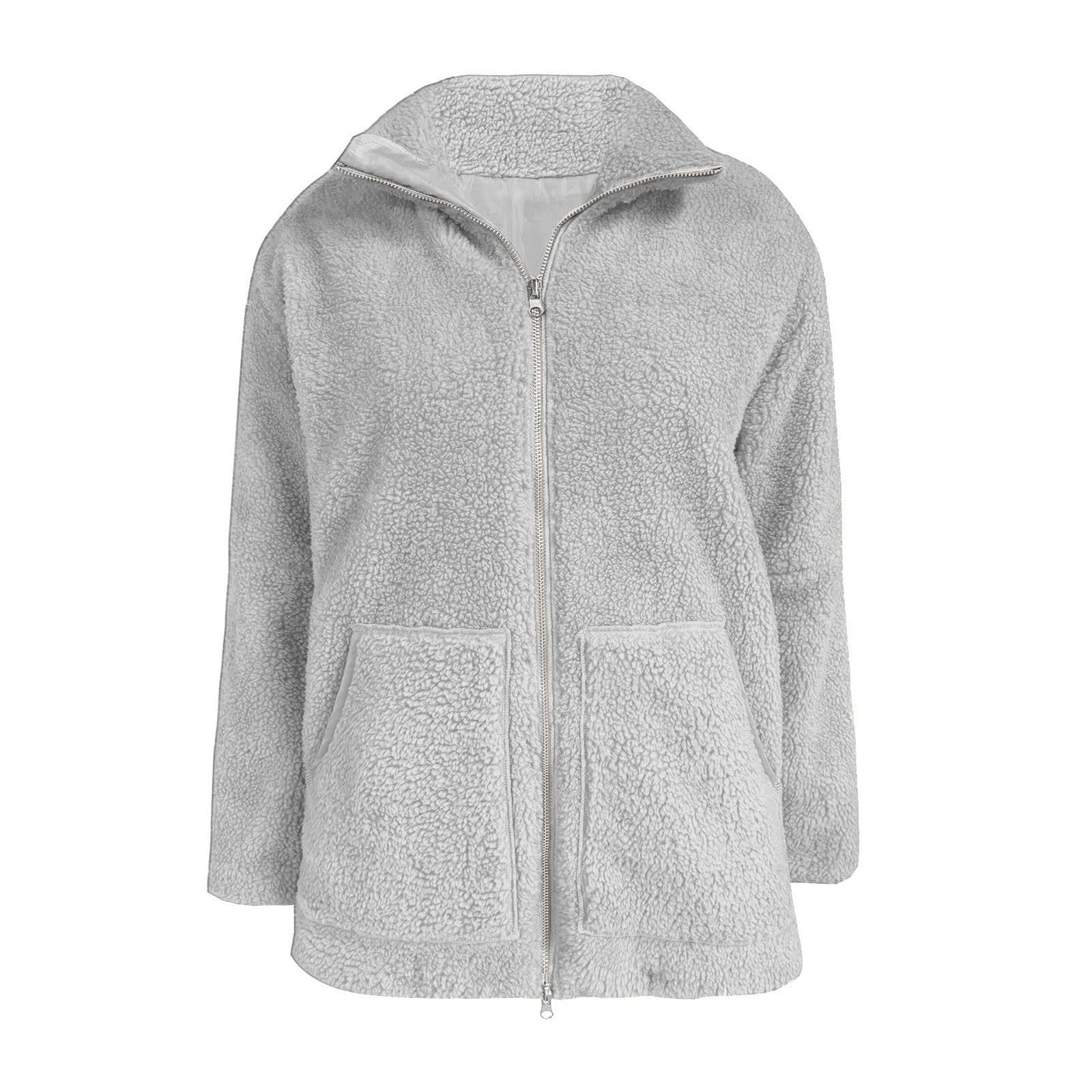 Generisch Winterjacke Damen Warm Fleecejacke Flauschig Teddyjacke Einfarbig