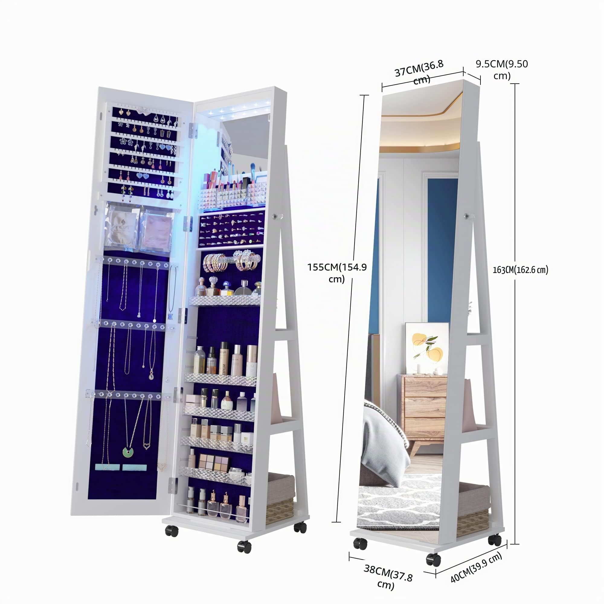 Lvifur 6LEDS Schmuckschrank mit Ganzkörperspiege,360°drehbar Spiegelschrank mit 4 Räder,abschließbar Standspiegel Schmuckorganizer mit großer Stauraum Geeignet für Schlafzimmer Wohnzimmer