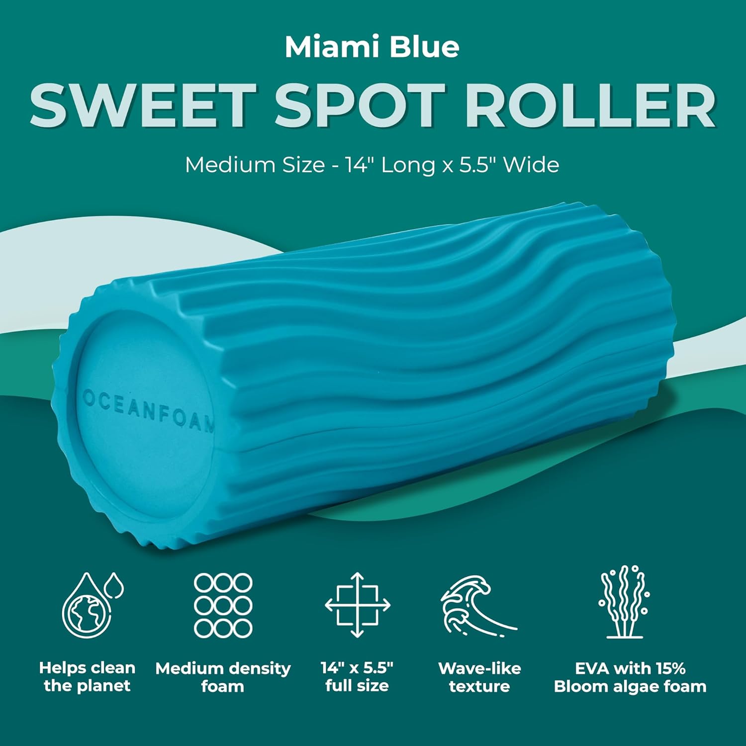 Oceanfoam Sweet Spot Medium Exercise Foam Roller 14"x5.5" – Medium Density Travel Foam Roller for Physical Therapy, Deep Tissue Massage, Yoga, Pilates, Classic Exclusive Wave Texture (Miami Blue) - Image 2