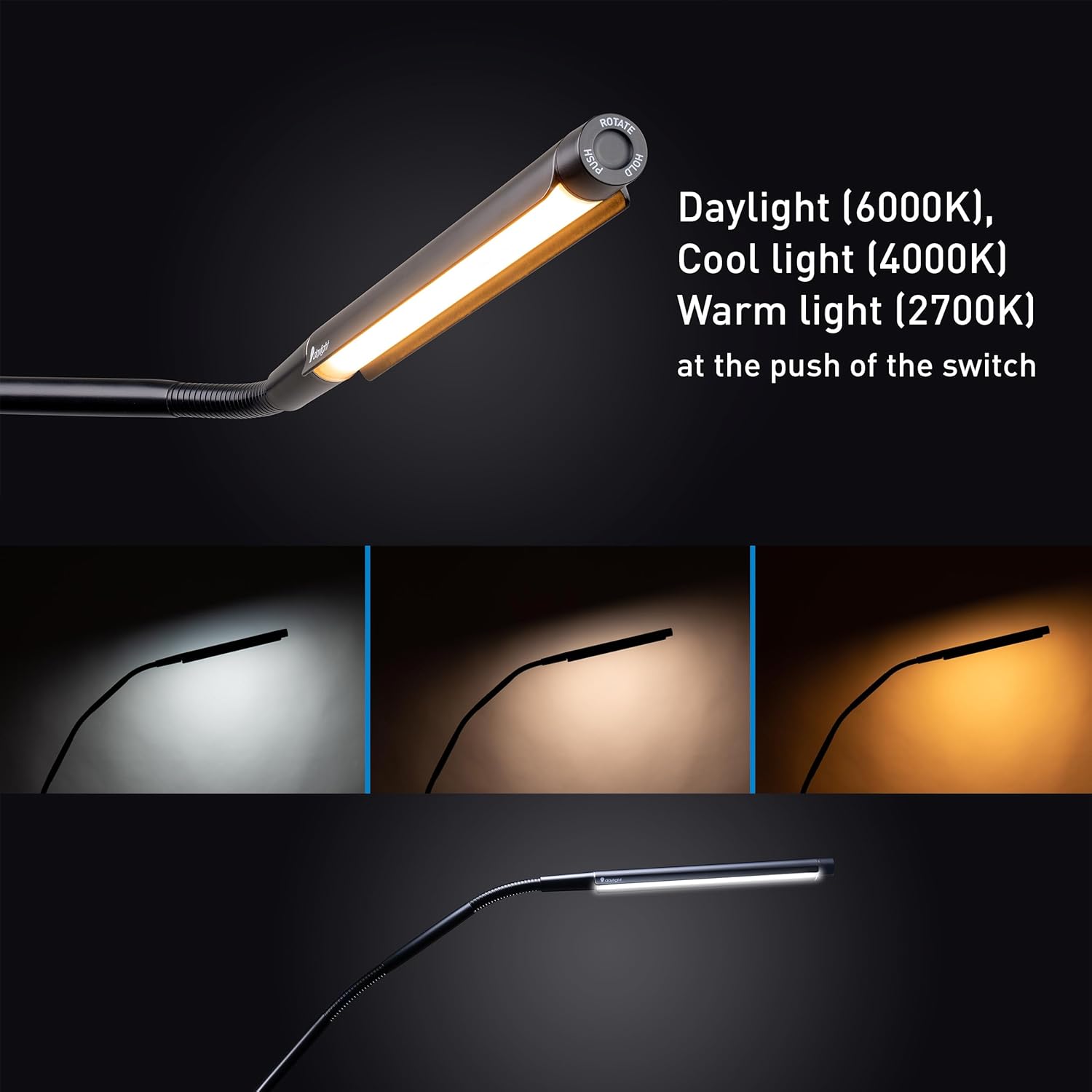 Three images showing the Electra Table Lamp emitting light at 6000K Daylight, 4000K Cool Light, and 2700K Warm Light.