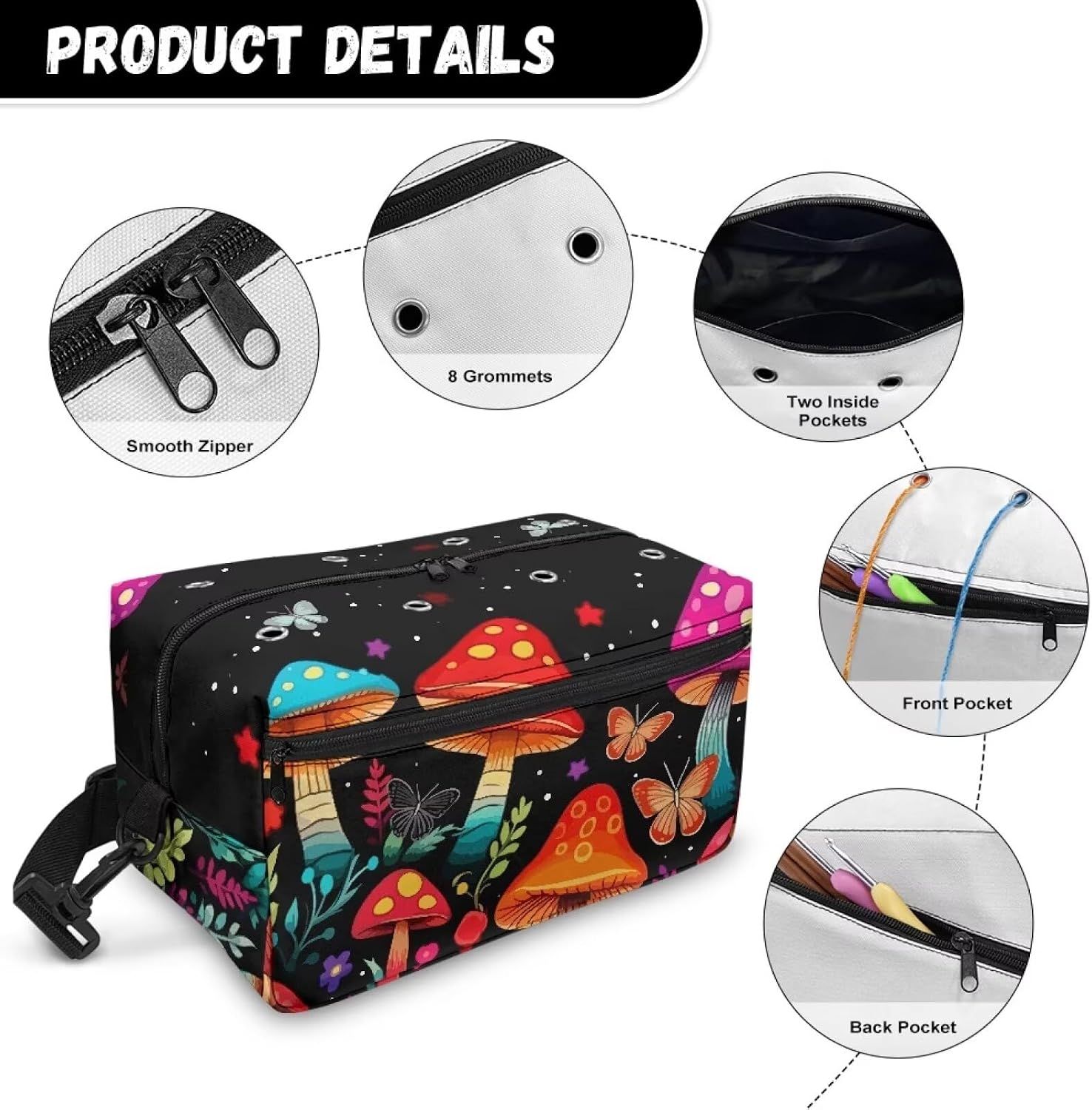 Kathyboom Red Mushroom Knitting Bag for Yarn Storage, Large Capacity Yarn Tote Organizer Crochet Bag for Knitting Needles, Crochet Hooks