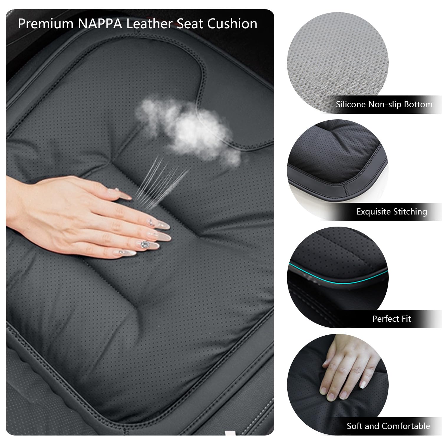 Cuscino per Sedile Posteriore Auto, Cuscino del Sedile per Auto Coprisedile Comfort Traspirante in Nappa, Coprisedile Universale Auto Pelle per Sedile Anterior (Nero, 2 Pezzo)
