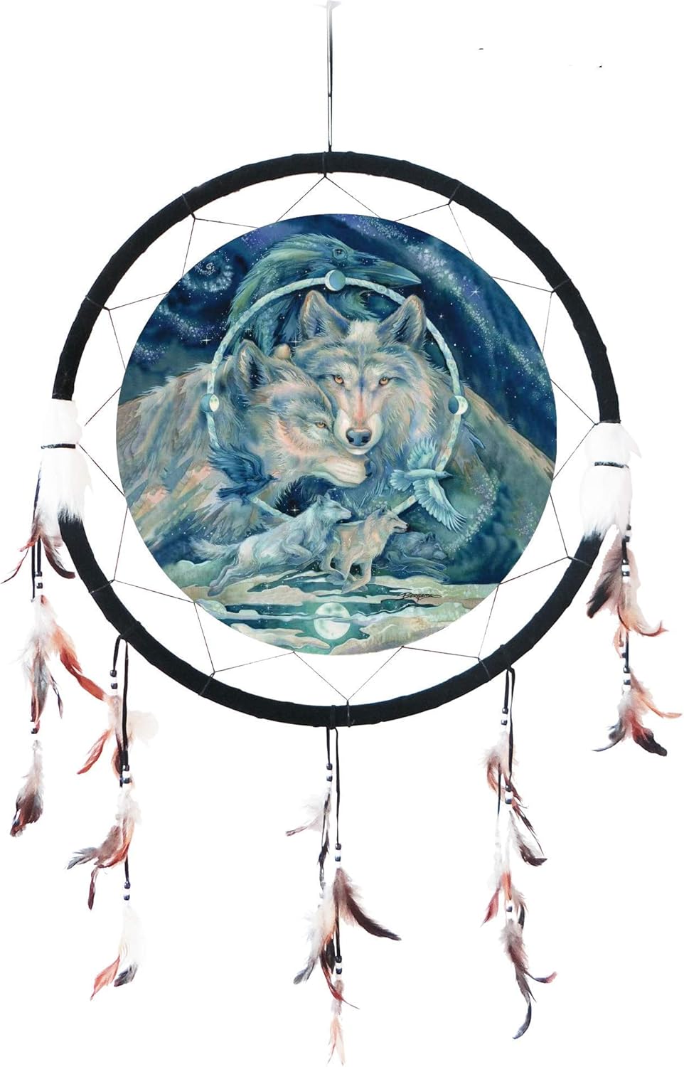 DC24343– Decor/Gift(Night Wolves)~Made with Wooden Beads and Real Feathers- KINNEX Collections - 24” Medicine Shield Dream Catcher, – DC24343