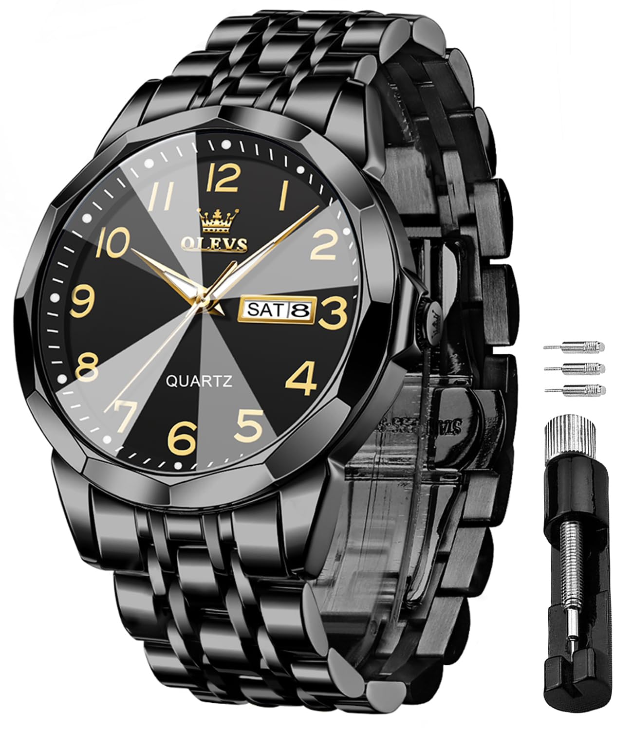 OLEVS Watch for Men Luxury Dress Analog Quartz Stainless Steel Waterproof Luminous Date Diamond Business Two Tone Casual Wrist Watch All black