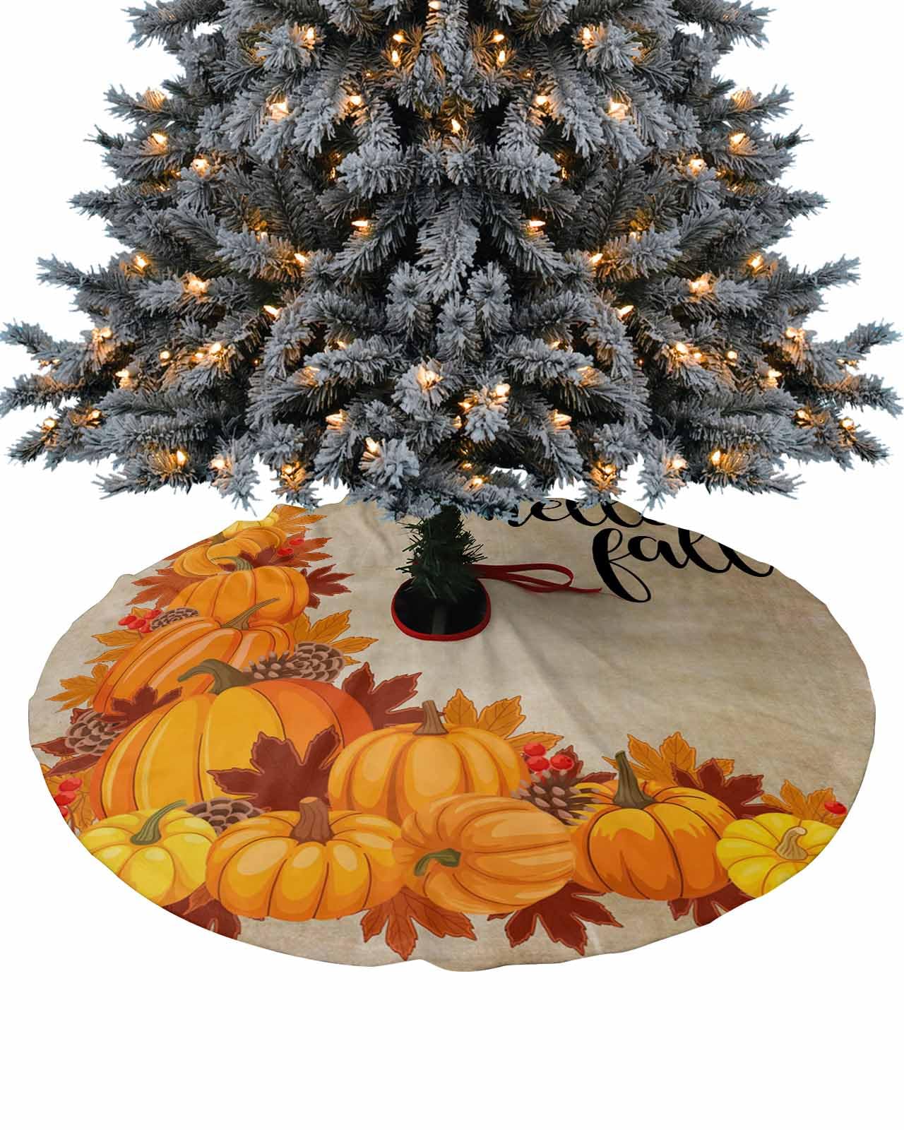 48 Inch Christmas Tree Skirt, Hello Fall Tree Skirt Christmas Decorations Indoor Outdoor, Rustic Orange Pumpkin Fallen Leaves Xmas Tree Skirts Mats