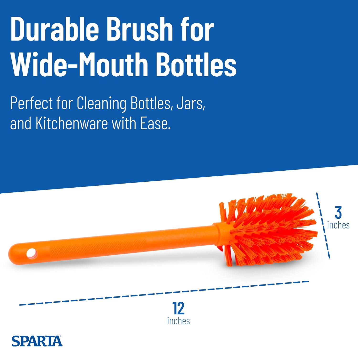SPARTA Large Water Bottle Brush Ideal for Wide-Mouth Jars, Bottles and Tumblers, Dishwashing Tool with Handle for Home and Commercial Kitchens, Plastic, 12 Inches, Orange, (Pack of 6)
