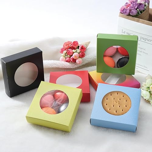 Miniatura 5 de Bssay 60 cajas pequeñas de embalaje de jabón de 4.3 x 4.3 x 1.2 pulgadas, cajas de papel cuadradas blancas con ventana redonda transparente para