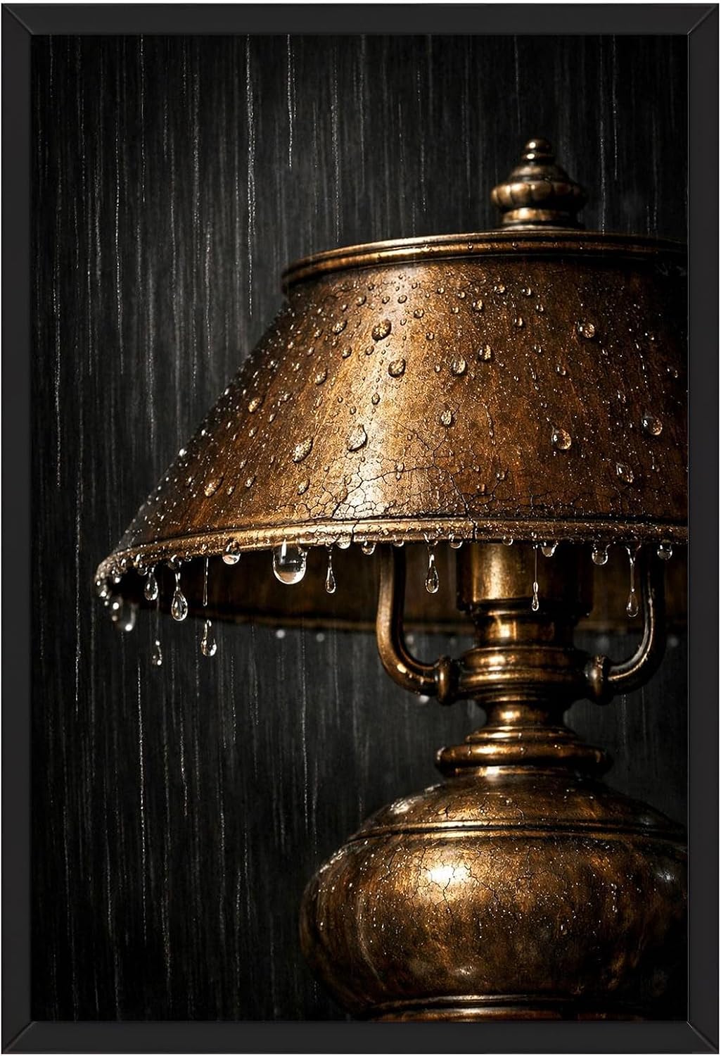 Framed Vintage Bronze Lamp Rain Canvas Wall Art (Black framed,24W X36L)