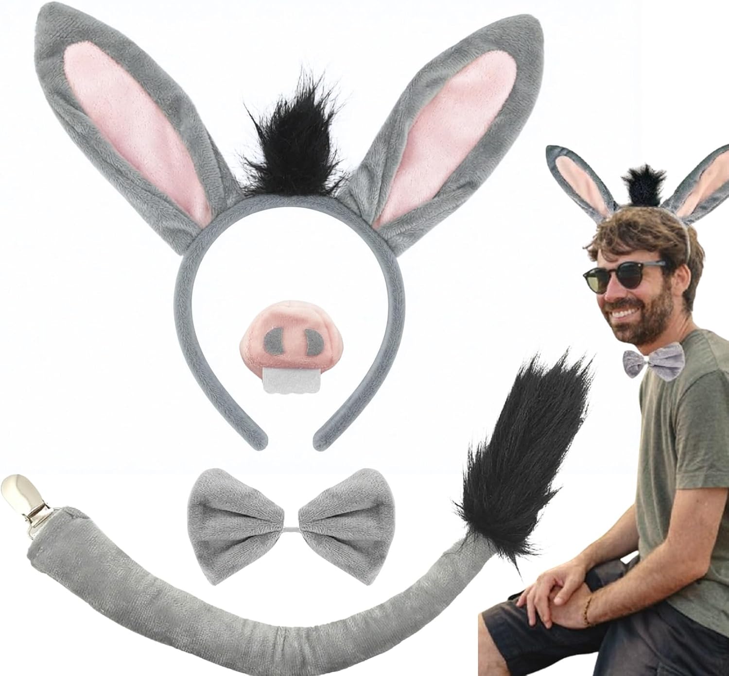 Donkey Ears and Tail Costume Set for Adults, Donkey Headband with Tail, Nose, and Bowtie, Donkey Costume Adult Accessories for Halloween, Cosplay, Themed Parties