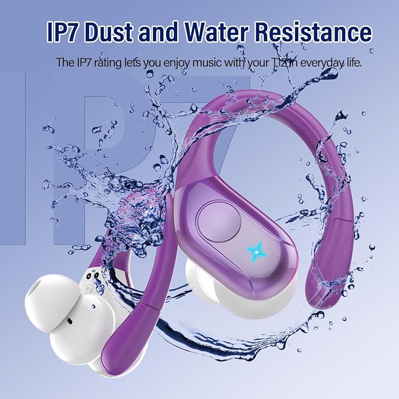 Qecnato Wireless Earbuds Bluetooth 5.4 Headphones 75H Stereo Deep Bass Sports Over Ear Buds with Earhooks, LED Display Bluetooth Earbuds with 4 ENC Mic, IP7 Waterproof Earphone for Running,Dark Purple image 7