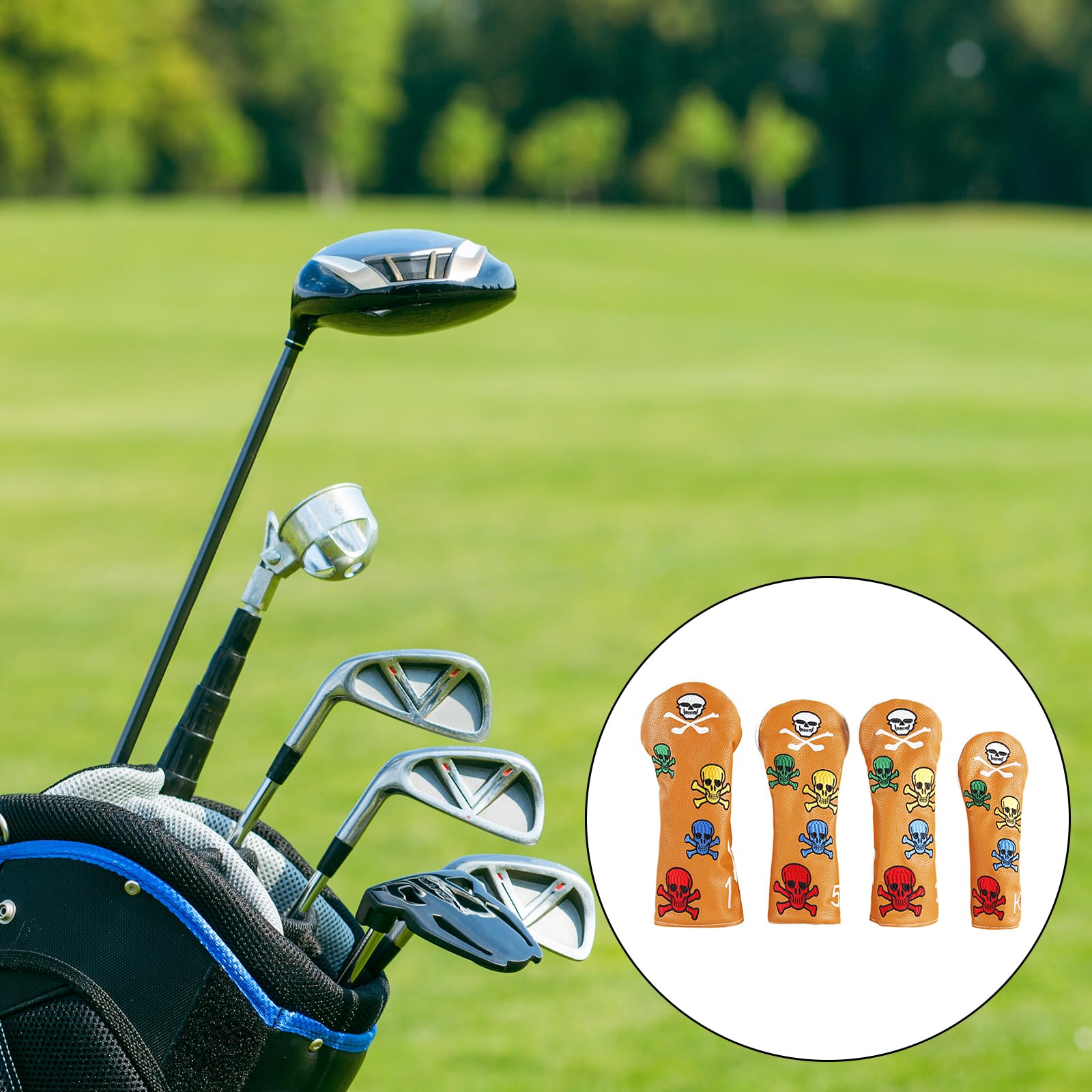 4 Stück PU Leder Golfschläger Schlägerkopfabdeckung, Totenkopf Muster, Holzschlägerabdeckung, Golfschläger Kopfabdeckung aus Holz