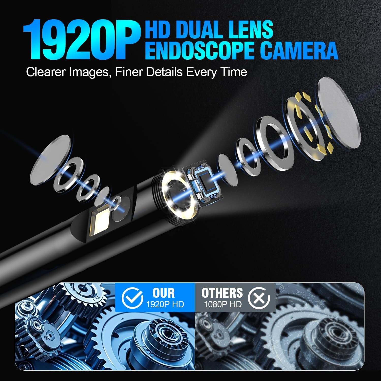 Dual-Lens Endoscope Camera with Light, 1920P HD Borescope with 8 Adjustable LEDs, 16.4FT Semi-Rigid Snake Cable, IP67 Waterproof Inspection Camera for iOS & Android - Black