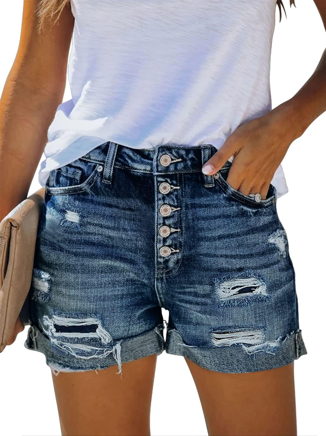 Angerella Denim Shorts for Women Mid Rise Ripped Jean Shorts Stretchy Folded Hem Hot Short Jeans