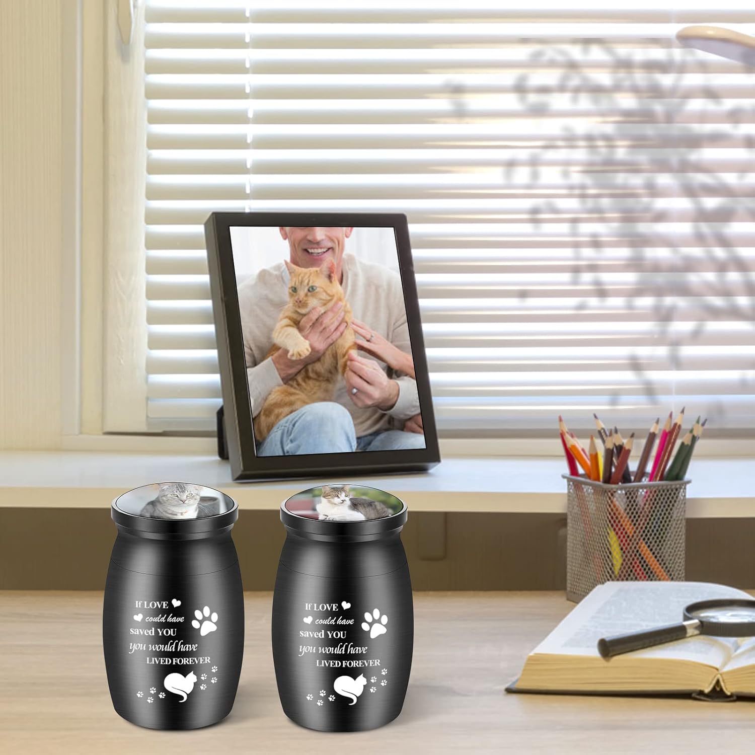 Customize Photo Small Cat Urn for Ashes 3.04 Inches Mini Urn for Cat Ashes with Cat Paw Prints