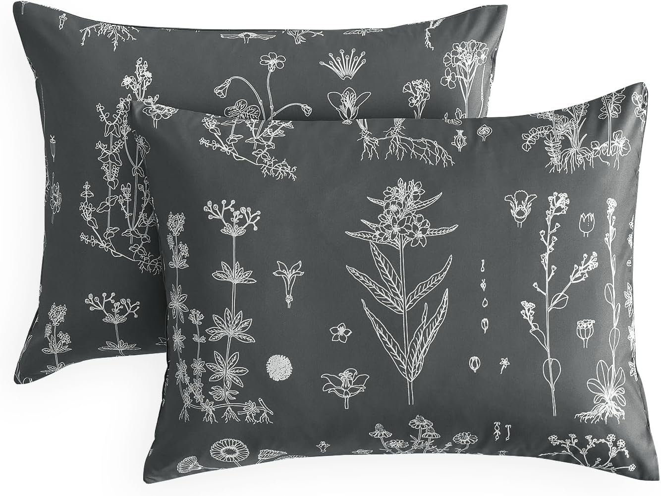 Wake In Cloud - Floral Pillow Cases, Botanical Flower Cottagecore Pattern Printed, Set of 2 Soft Pillowcases Pillow Shams Covers, Dark Grey, Standard Size 20x26 Inches