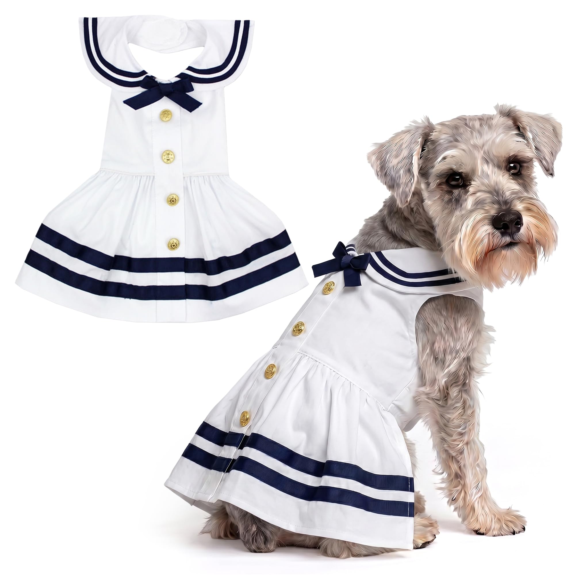 Parisian Pet Dog Dress Sailor White Summer Clothes Outfit for Girl Puppy, Dogs and Cats, XL