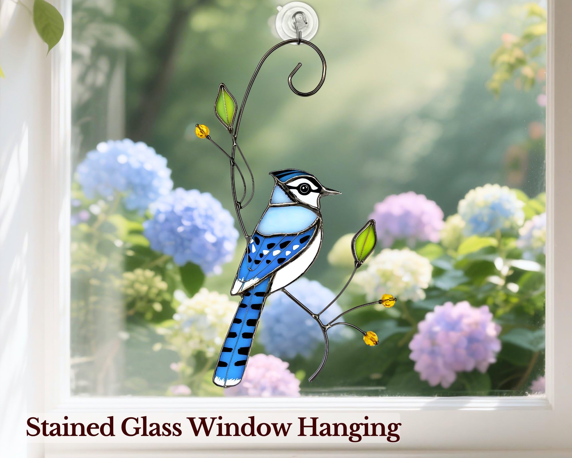 Blue Jay - Atrapasueños de cristal para mamá, abuela, mujeres, adorno colgante de ventana de cristal real, hecho a mano, decoración del hogar para amantes de los pájaros (embalaje listo para