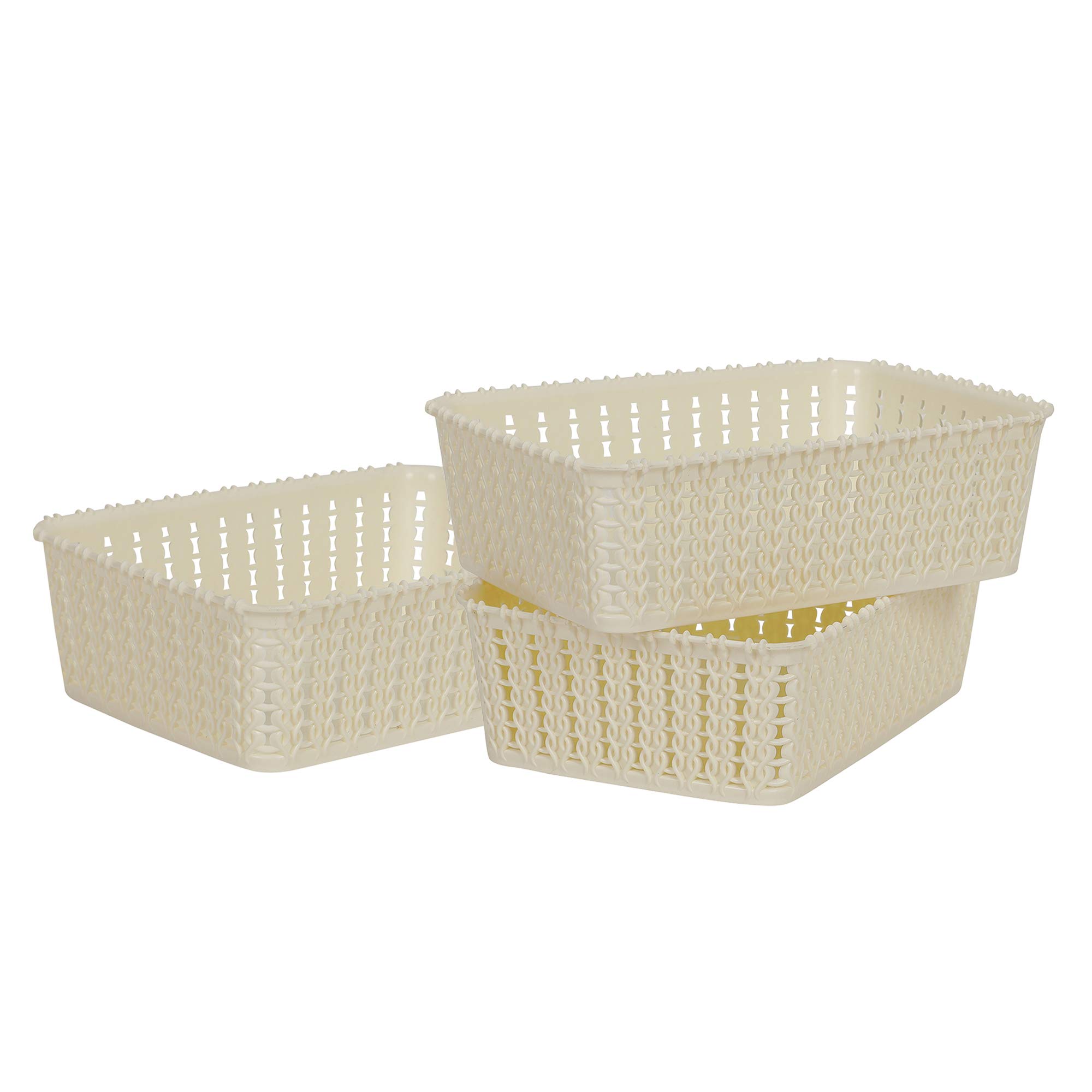 Cutting EDGE Plastic Multipurpose Sturdy Storage Baskets For Cosmetics Office Fruit Vegetable Bathroom Stationary Home Basket with Handle - White(Set of 3, Mini)-image-45