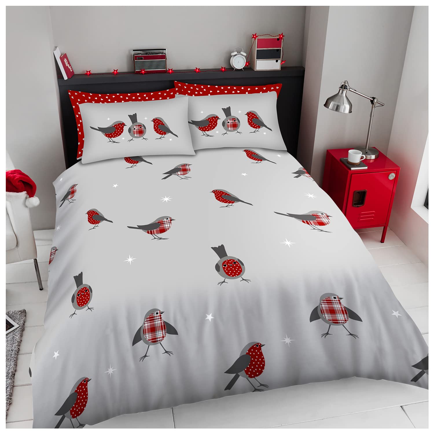 GC GAVENO CAVAILIA Printed Duvet Cover King Size, Easycare Bird Bedding & Linen Set, Washable Xmas Quilt Covers, Grey