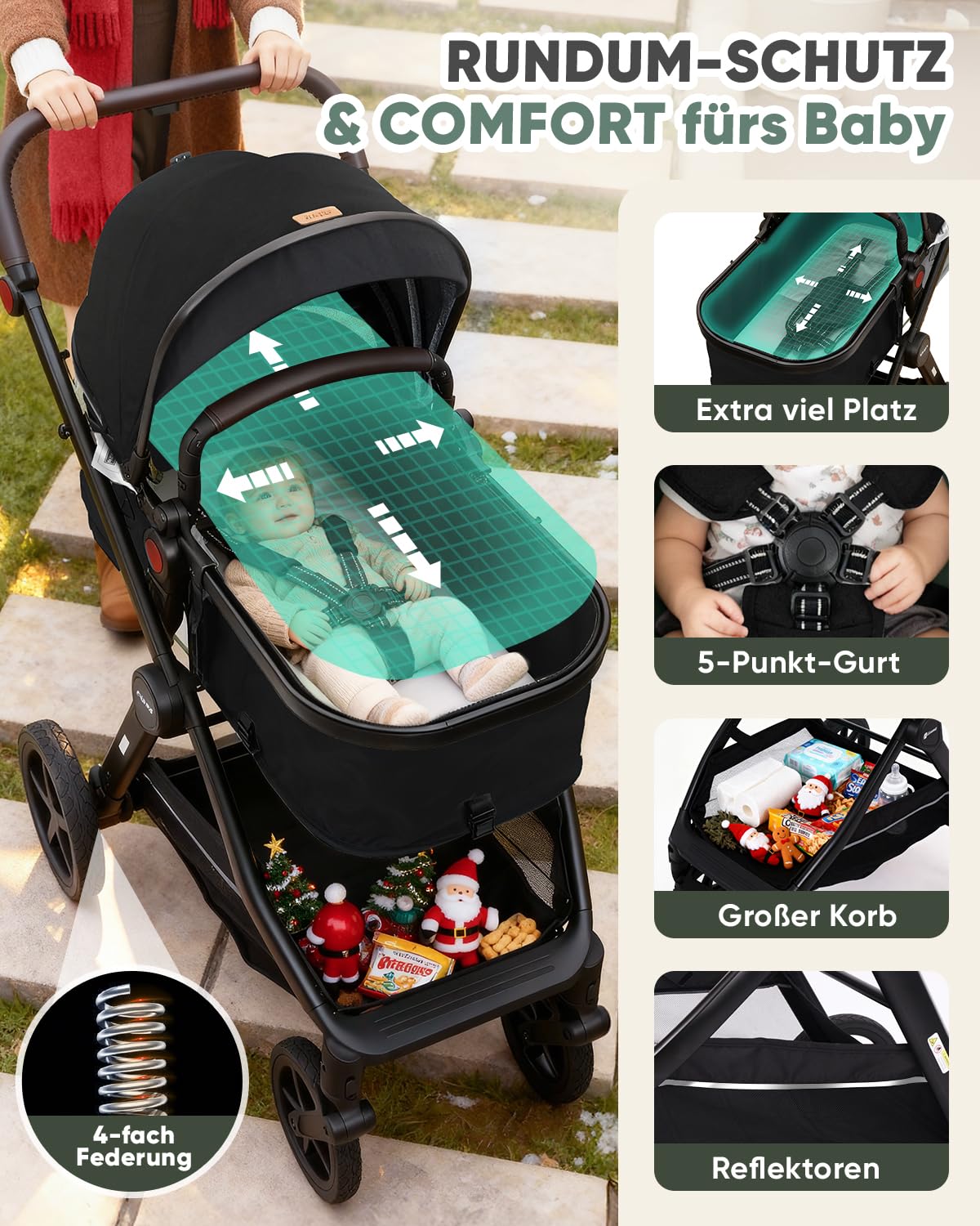 Sekey Kombi Kinderwagen Baby 3 in 1 Komplettset mit Regenschutz und Moskitonetz, Kinderwagen mit Liegefunktion bis 25kg, 0 bis 4 Jahre, 4-Rad-Federung, 5 Punkt-Gurt mit Reflektor, BW600, Schwarz