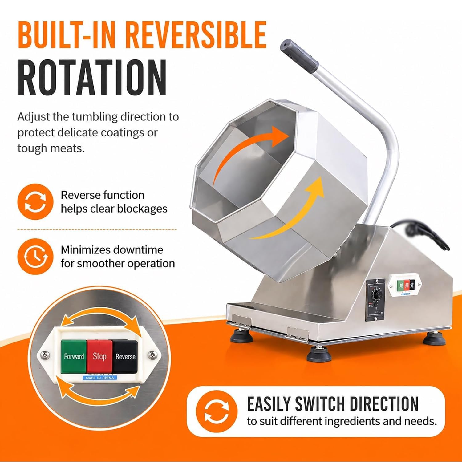 Mélangeur Alimentaire Professionnel, en Acier Inoxydable, pour Marinade Et Enrobage De Viande, Capacité De 15 L, Rotation Réversible, Vitesse Réglable De 10 À 30 TR/Min, Vidange par Inclinaison,
