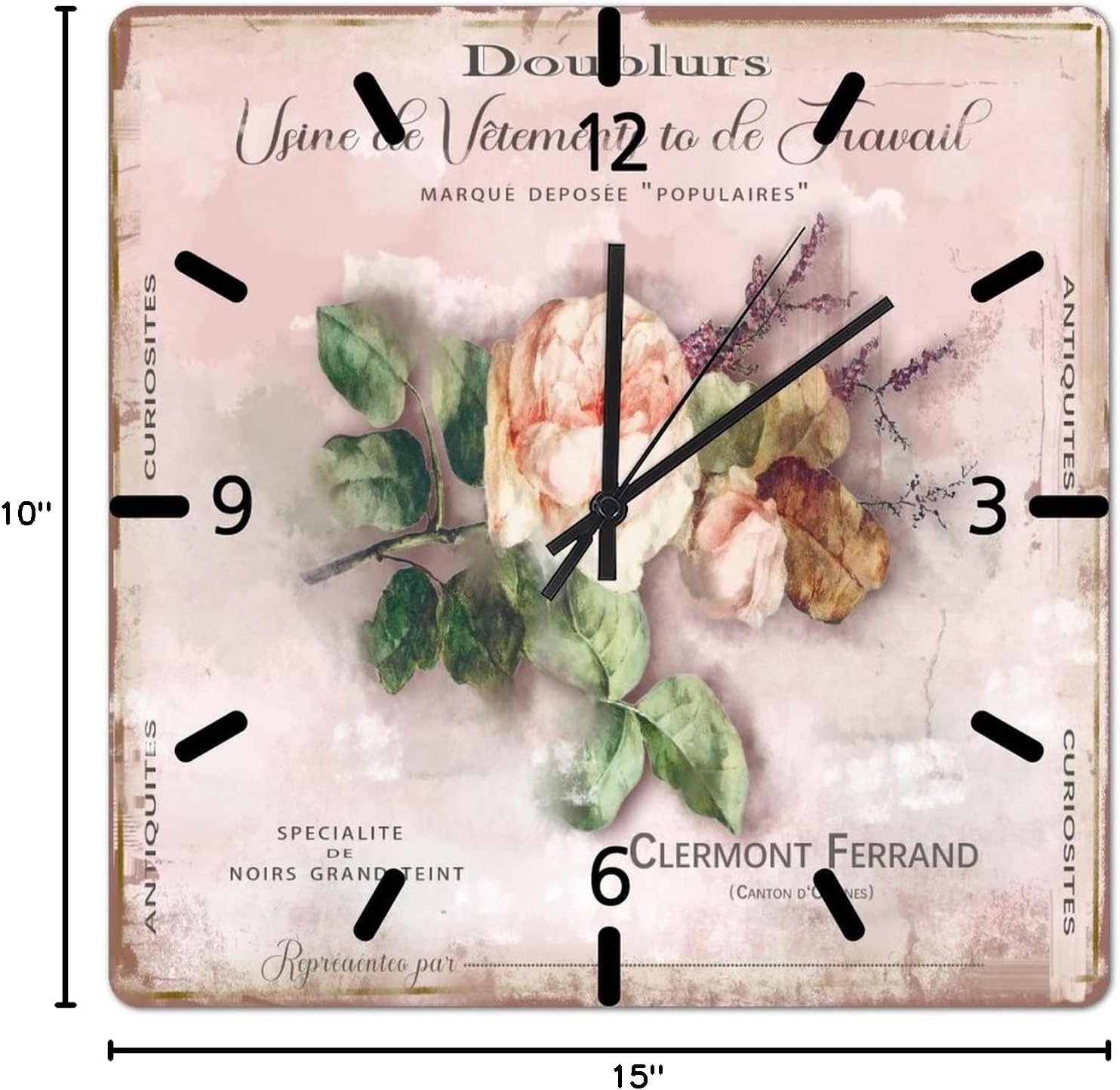 Pink Rose with Leaf Wall Clock Old Paper Textures Pink Wood Wall Clock 15in Shabby Chic Vintage Country Floral Silent Non Ticking Battery Operated Home Accessories for Home Dining Room Dorm Cafe