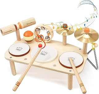 Vanplay Holz Schlagzeugset, Musikinstrumente für Kinder ab 1 Jahr mit 3 Trommeln & Schellenrassel, Trommel Kinder Musikspielzeug, Montessori Spielzeug ab 1 Jahr, für Jungen & Mädchen