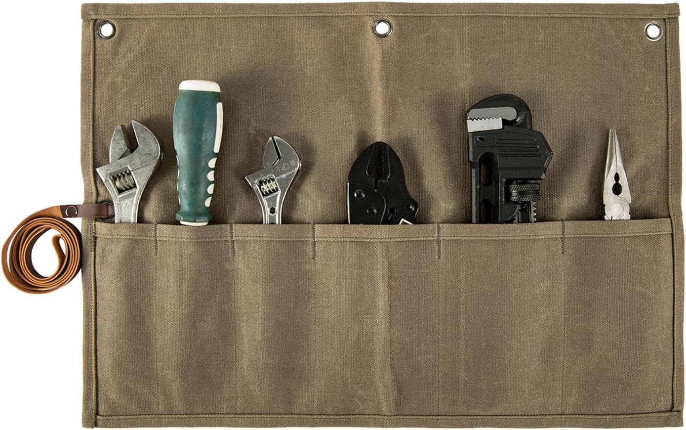 Chisel Roll,Small Tool Roll Pouch,Tool Roll Bag Organizer, Heavy Duty Waxed Canvas Tool Bag, Multi-Purpose Roll-Up Storage Bag for Hand Tools Holder with 6 Pockets Wrench Roll Up Pouch