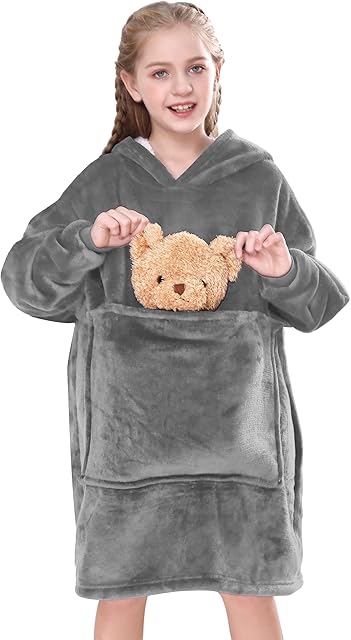 Lushforest forkidd Blanket Hoodie for Kids, Oversized Hoodie Sweatshirt Blanket, Super Soft Wearable Sherpa Fleece Dressing Gown, Hooded Robe, Gifts for Boys Girls 5-13 Years
