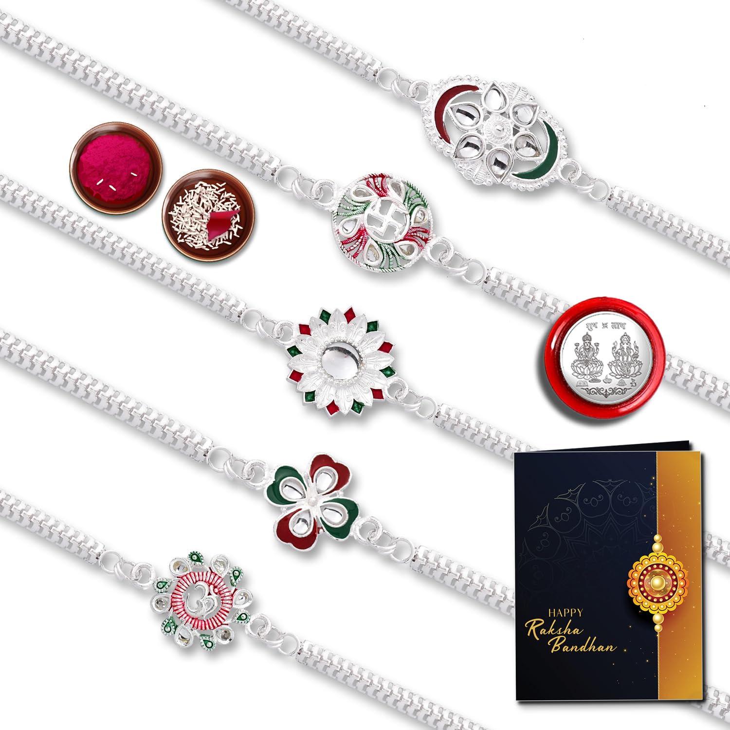 Periapt Rakhi for Brother Set of 5 – Silver Color Pooja Coin & Tilak Set with Greeting Card – Designer Rakhi for Bhai, Bhabhi & Kids – Unique Pattern Combo Pack for Raksha Bandhan Festival (PR_K5_NC96)
