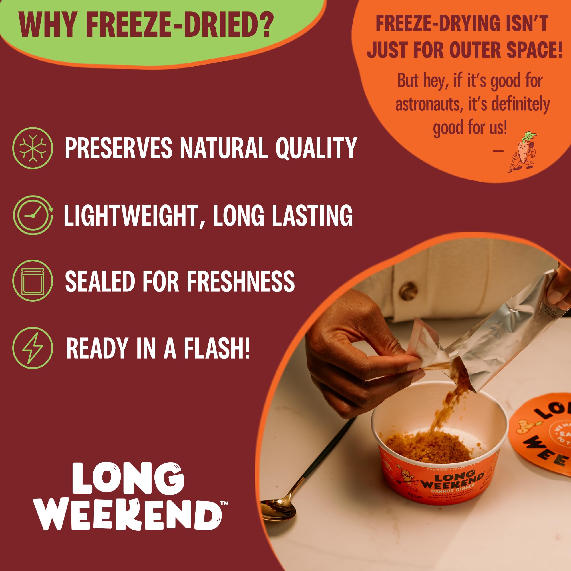 Long Weekend Freeze-Dried Vegetable Soup – Instant Soup with Real Vegetables – Nourishing, Thoughtful Nutrition, Shelf-Stable Meal, Just Add Water – Carrot Ginger, 6 Pack
