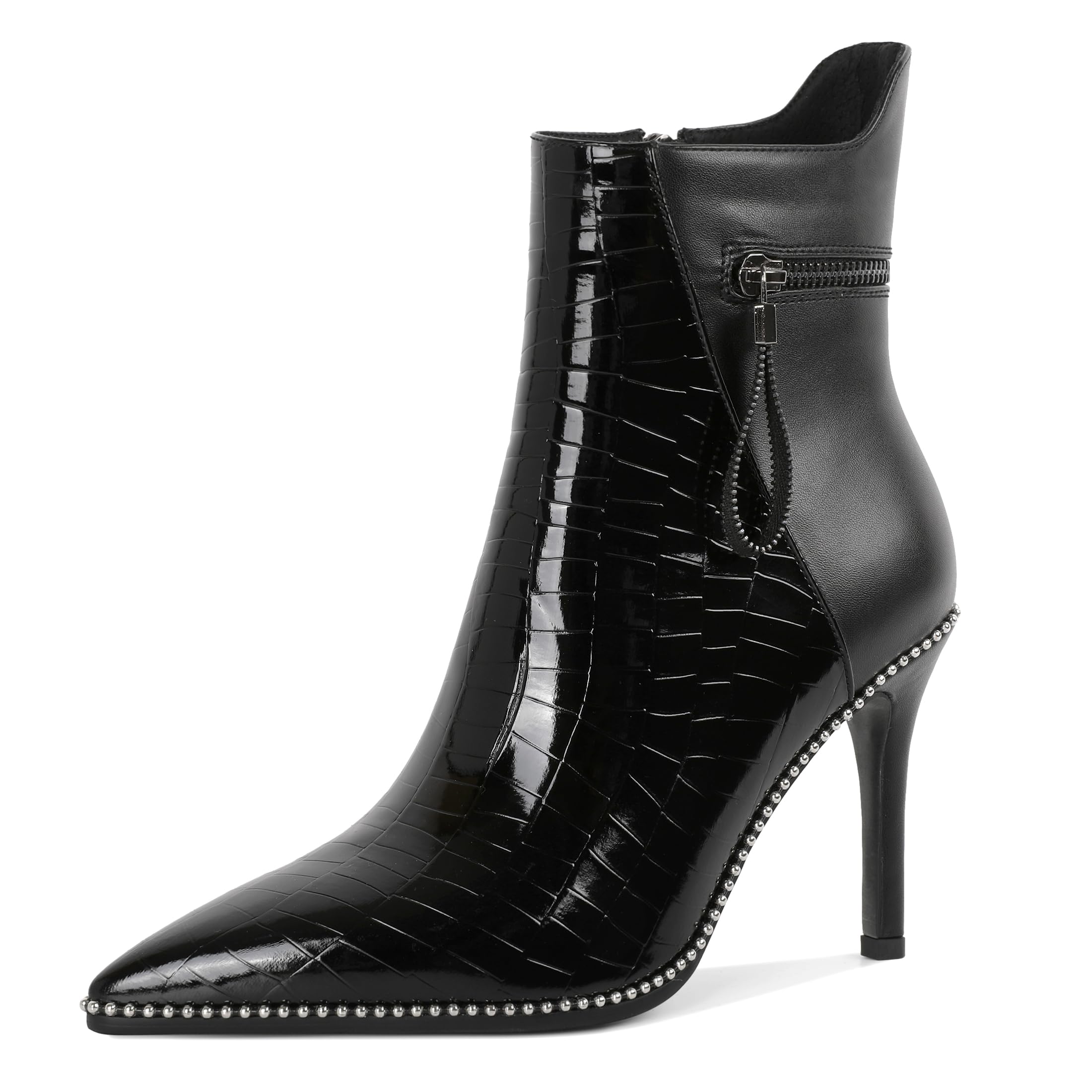 Soireelady Women Ankle Boots High Heel Boots Pointed Toe Stilettos Booties Beaded Short Boots Side Zipper 4 Inch