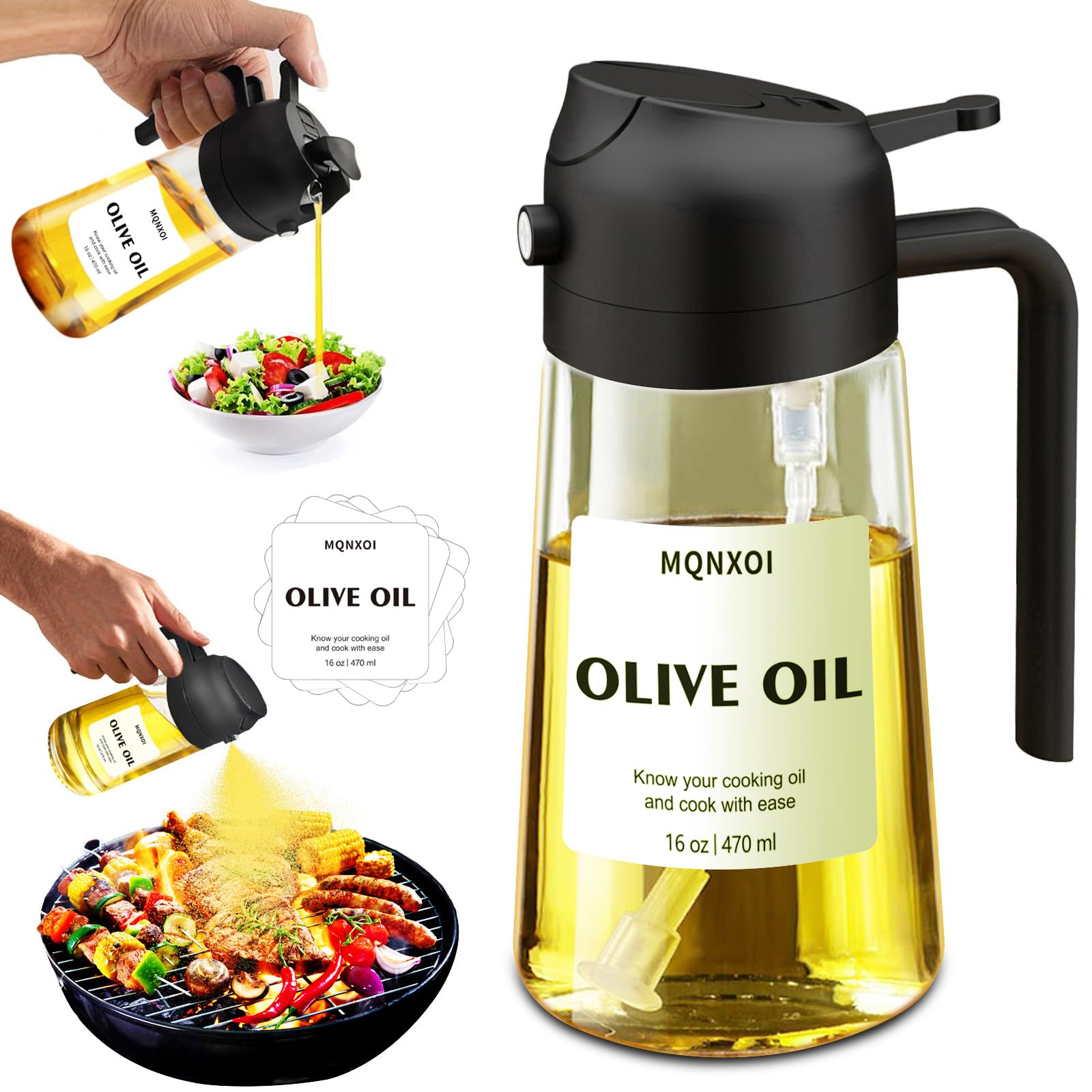 mqnxoi 2 in 1 Glass Oil Sprayer & Dispenser,16oz/470ml Olive Cooking, Air Fryer, and Salad, for Kitchen Gadgets and Air Fryer Accessories, w/Stickers (Black)