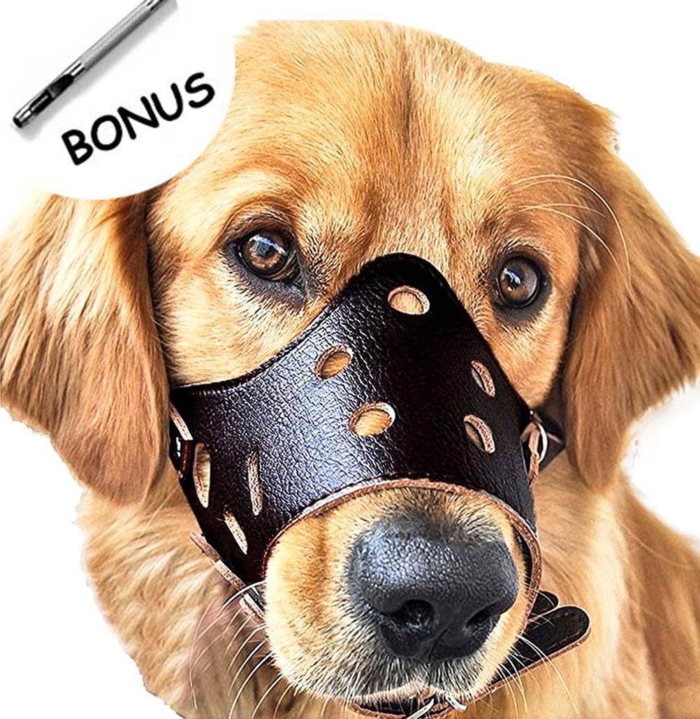 photoiscool Dog Muzzle Leather, Adjustable Anti-Biting Dog Leather Muzzle, Breathable Safety Pet Puppy Muzzles Mask for Biting and…
