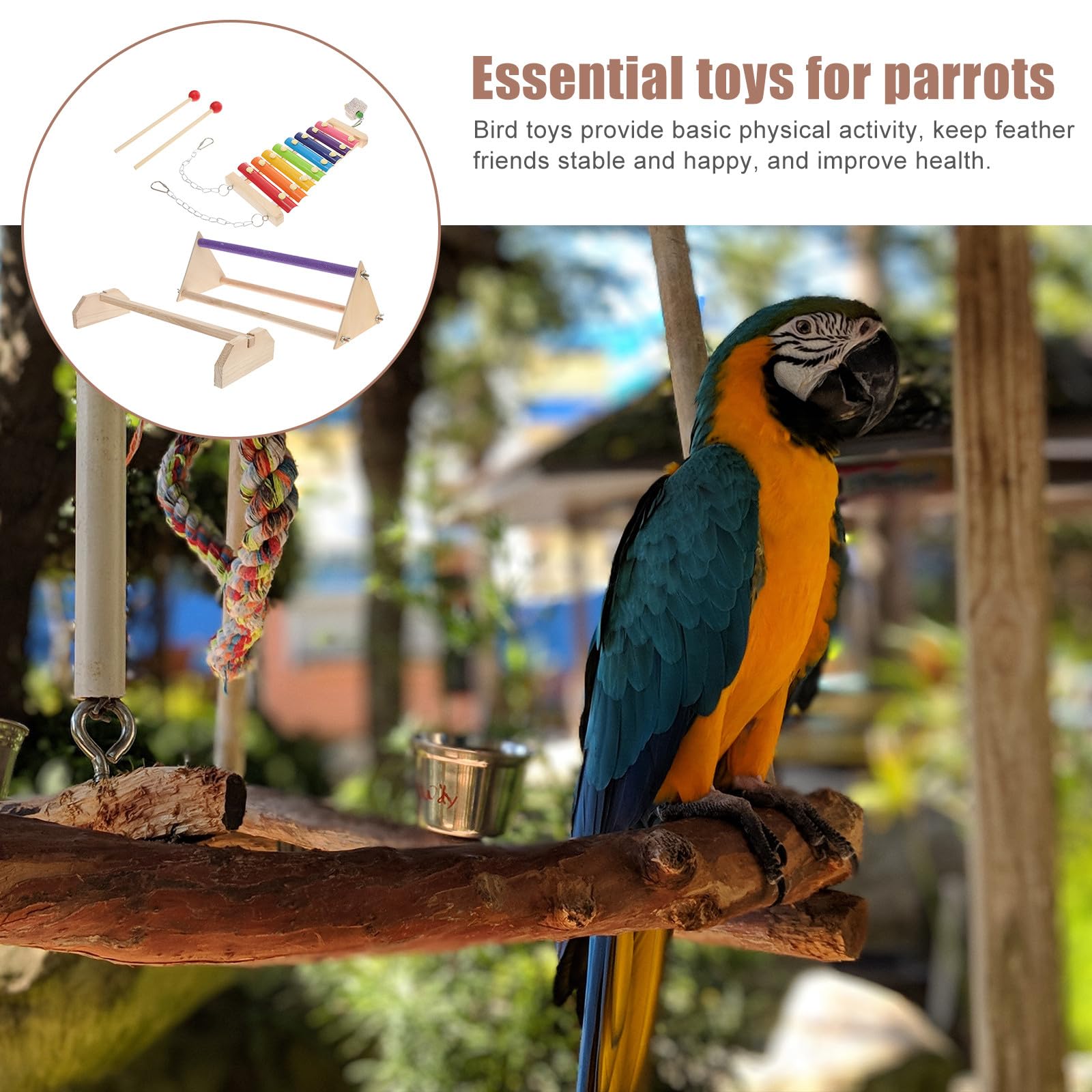 Tofficu Columpio de Madera Mate para Pájaros 3 Piezas Xilófono, Barra para Descansar y Escalera, Accesorio para Periquitos, Loros y Gallinas, Soporte para Jaula de Aves Pequeñas