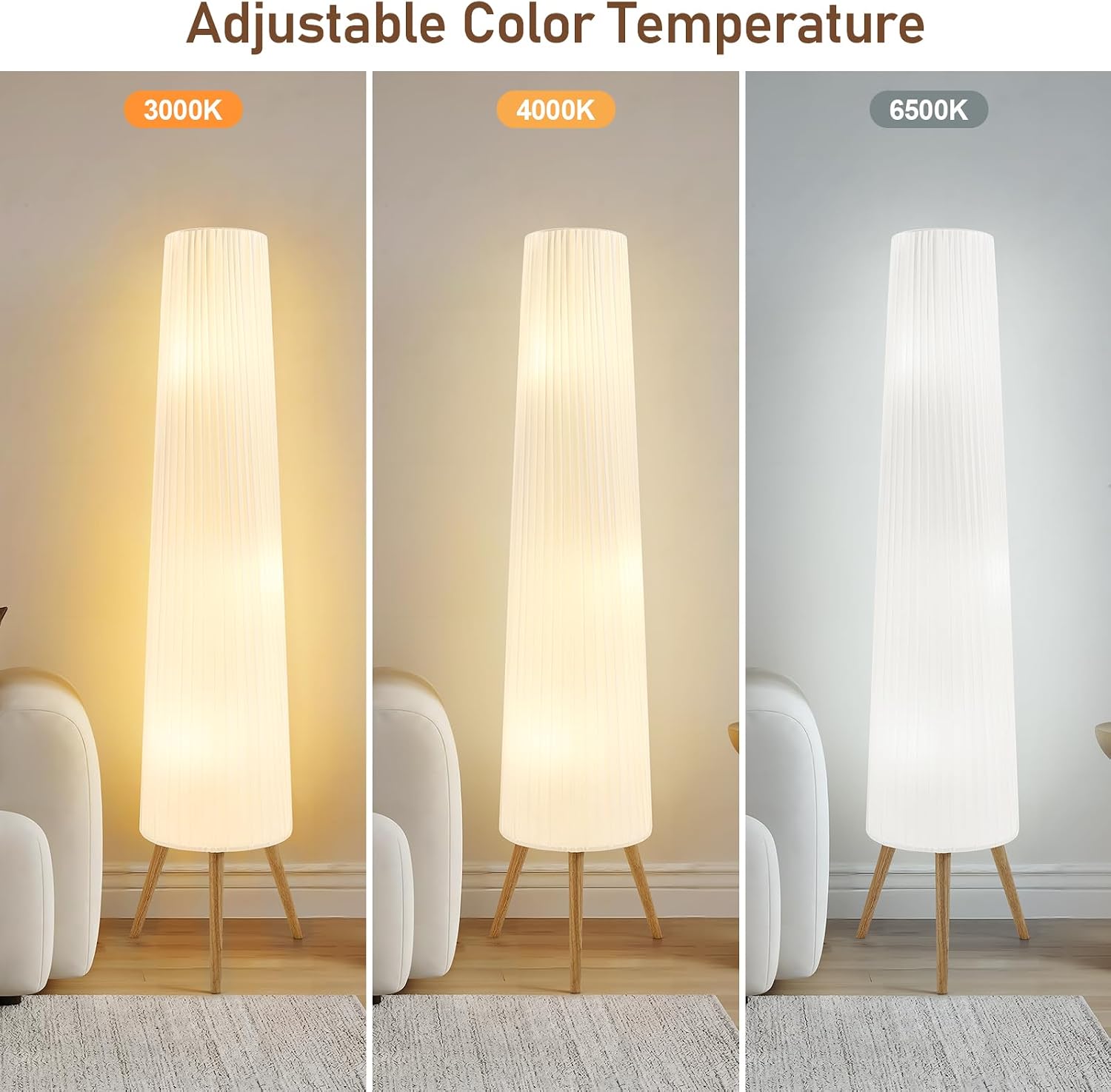  60 Inch White Wood Floor Lamp, Color Temperature Adjustable | Softlighting Corner Lamp, 3 Bulbs Standing Lamp, Creative Ambient Light for Living Room Bedroom&Office-Bulbs Included thumbnail