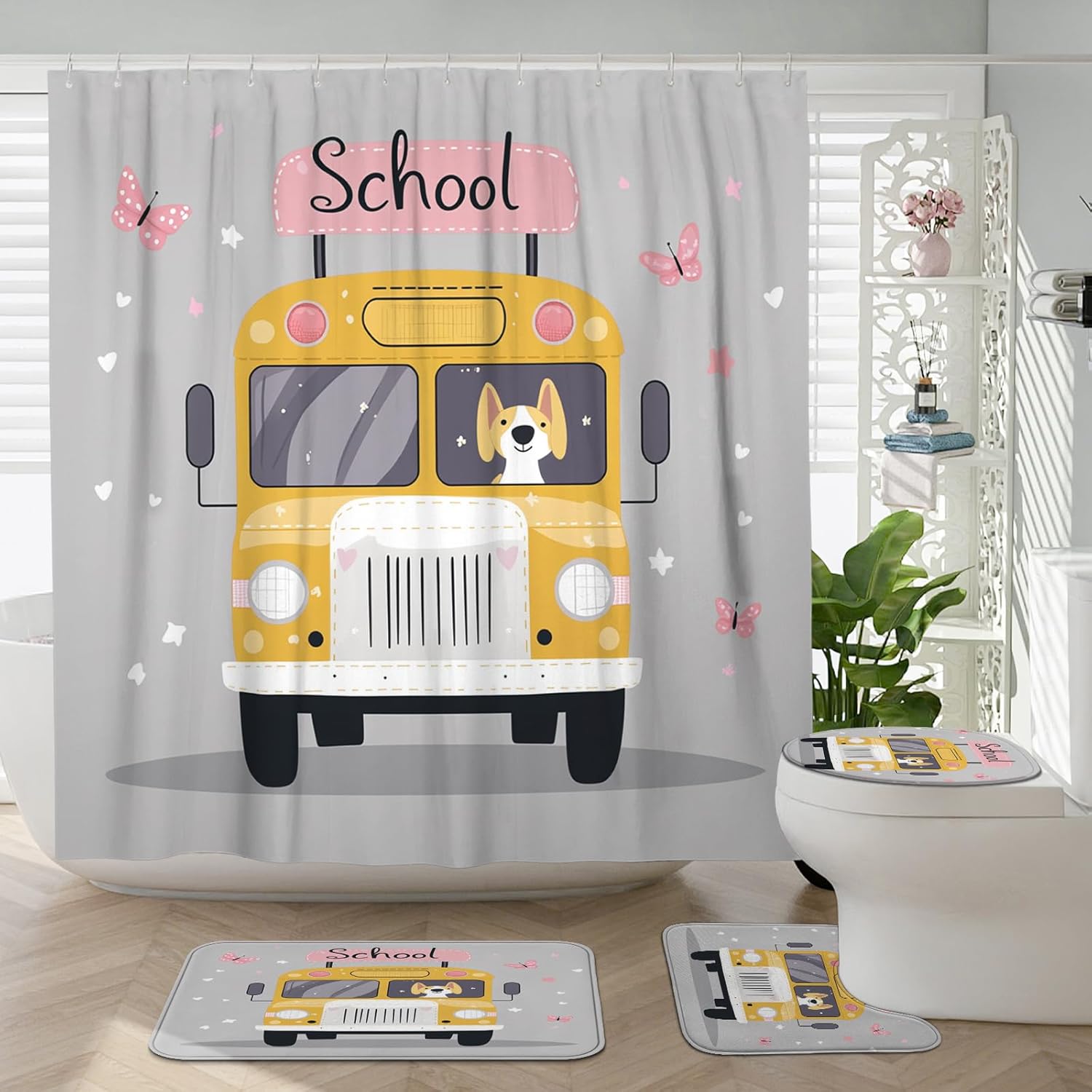 4PCS Cartoon Foxhound Dog Bathroom Accessory Sets with Non-Slip Rug, U Shape and Toilet Lid Cover Mat, Kid School Bus Bathroom Fabric Decor-72''x72''